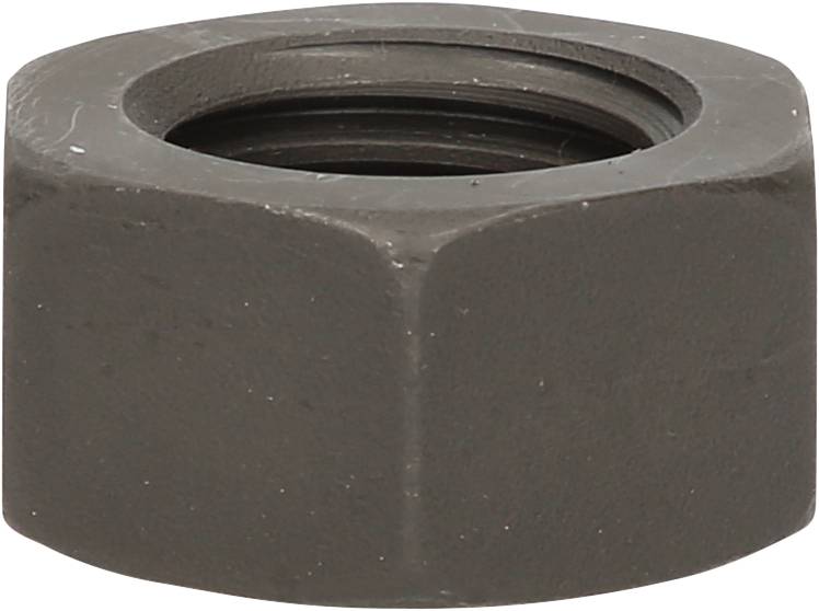 Sechskantmutter aus Metall mit glatter Oberfläche, leicht dunkel, zeigt Gewindeöffnung oben. Verwendet zum Befestigen von Schrauben.