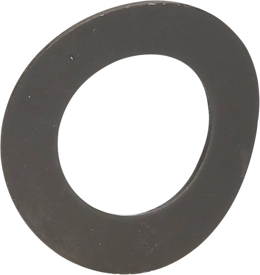 Eine schwarze Dichtungsscheibe, kreisförmig mit einem Loch in der Mitte, vor weißem Hintergrund.