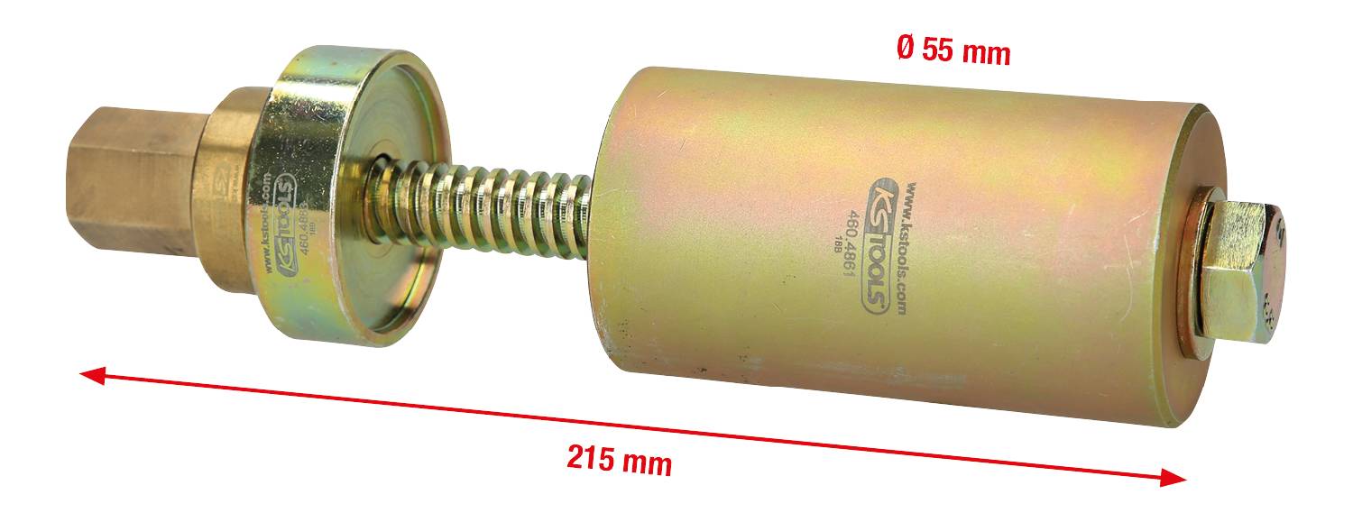 Ein zylindrisches Werkzeug mit einer Feder in der Mitte, das 215 mm lang und 55 mm im Durchmesser ist.
