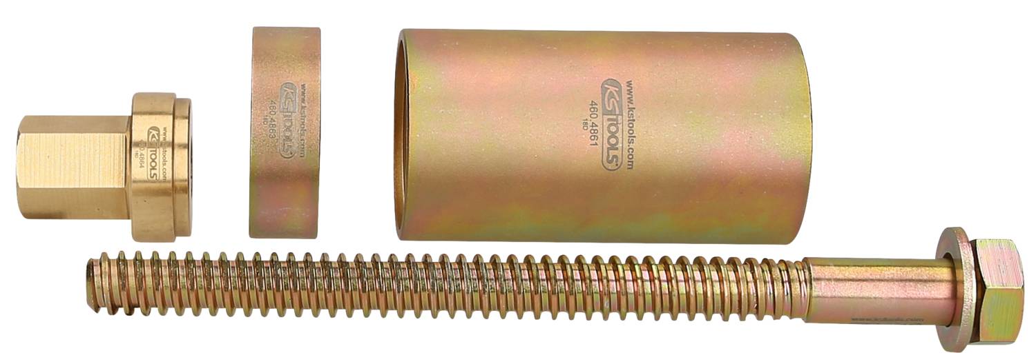 Bolzenanker mit Unterlegscheibe, Mutter und Hülse aus Metall, gelblich beschichtet, nebeneinander liegend zur Veranschaulichung der Teile.