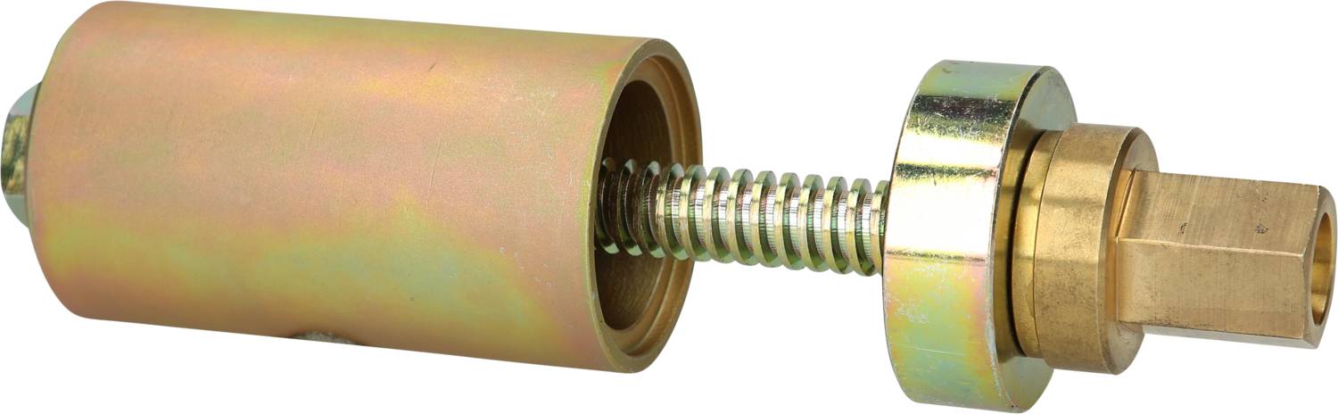 Eine zylindrische Metallvorrichtung mit Gewinde und Sechskantschraube, möglicherweise ein Teil eines mechanischen Systems.