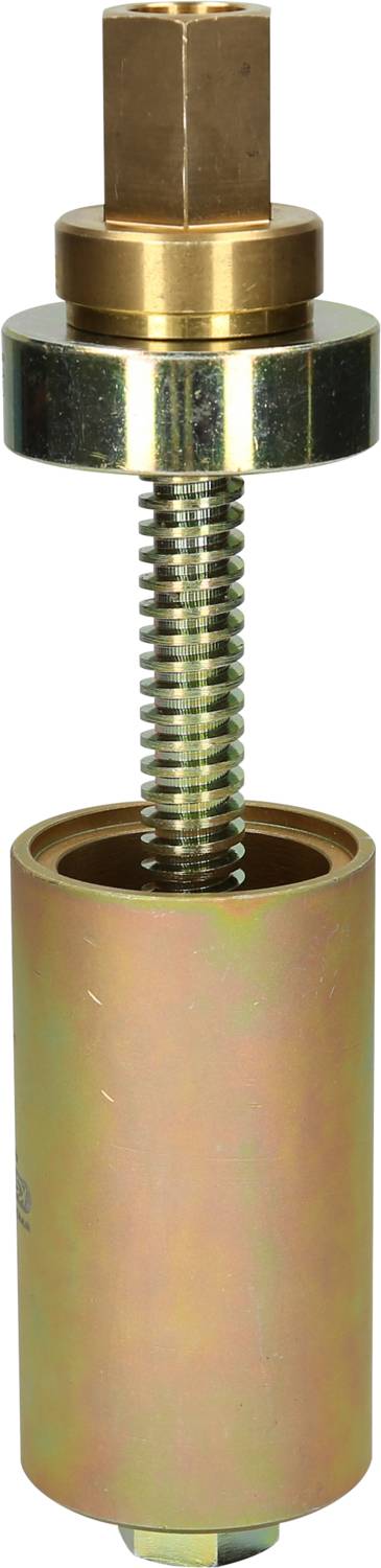 Metallisches Werkzeug mit Gewindestange und rundem Gehäuse, möglicherweise für mechanische Arbeiten oder Reparaturen.