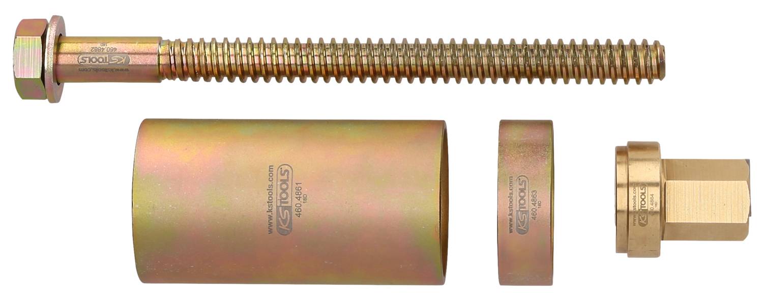 Vier Metallwerkzeuge: Eine lange Gewindeschraube, ein zylindrisches Rohr, ein kleinerer Zylinder und eine Schraubverbindung. Alle sind bronzefarben.