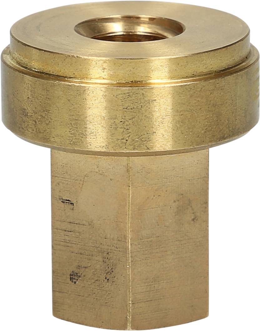 Ein Messingbeschlag mit rundem Oberteil und sechseckigem Sockel, typischerweise für mechanische oder industrielle Anwendungen verwendet.