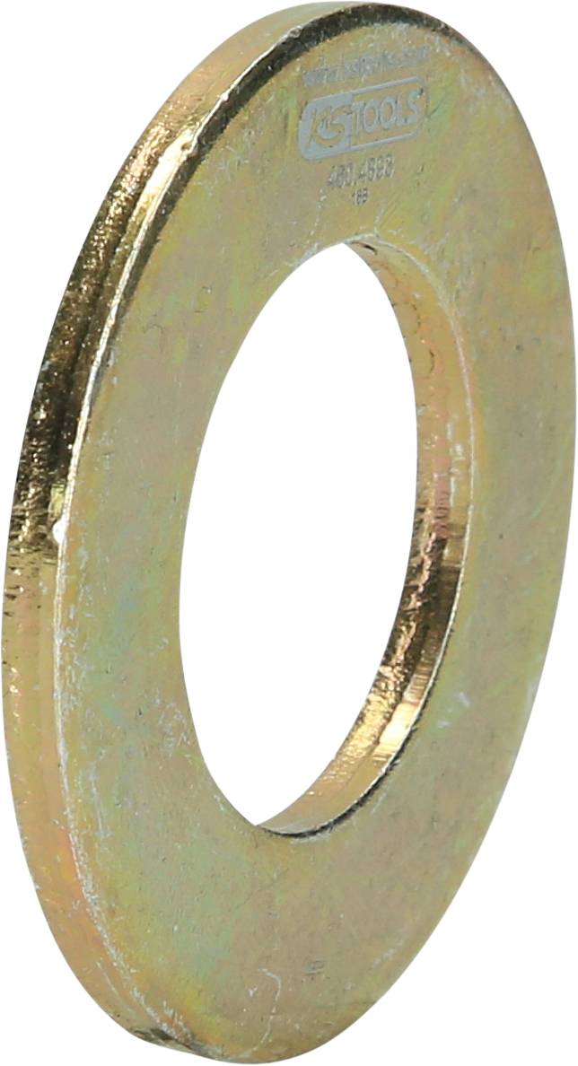 Runde Metallscheibe mit großem zentralen Loch, golden glänzend, möglicherweise eine Unterlegscheibe.