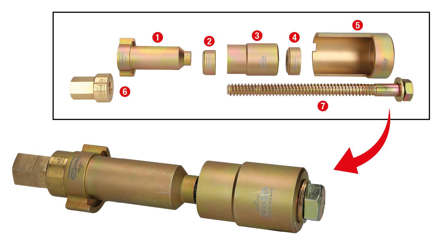 Explosionszeichnung eines mehrteiligen Werkzeugs mit nummerierten Bauteilen. Ein roter Pfeil zeigt auf das zusammengesetzte Werkzeug.