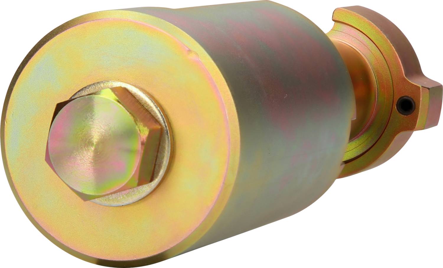 Metallisches zylindrisches Werkzeug mit einem sechskantigen Kopf und einer gebogenen Halterung auf der rechten Seite, industrieller Kontext.