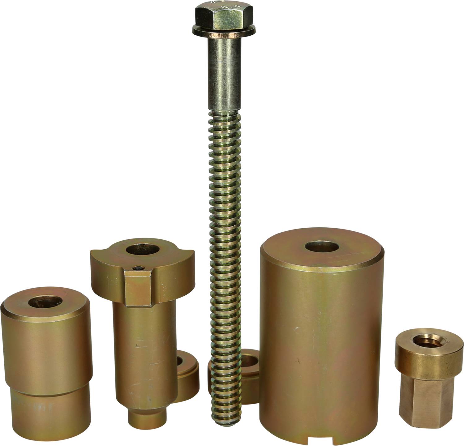 Mehrere maschinell bearbeitete Metallteile, darunter ein langer Bolzen mit Schraubengewinde, umgeben von zylindrischen Bauteilen.