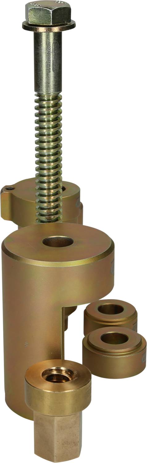 Eine Metallspannvorrichtung mit Schraube und mehreren zylindrischen Komponenten; dient zur Sicherung von Werkstücken.