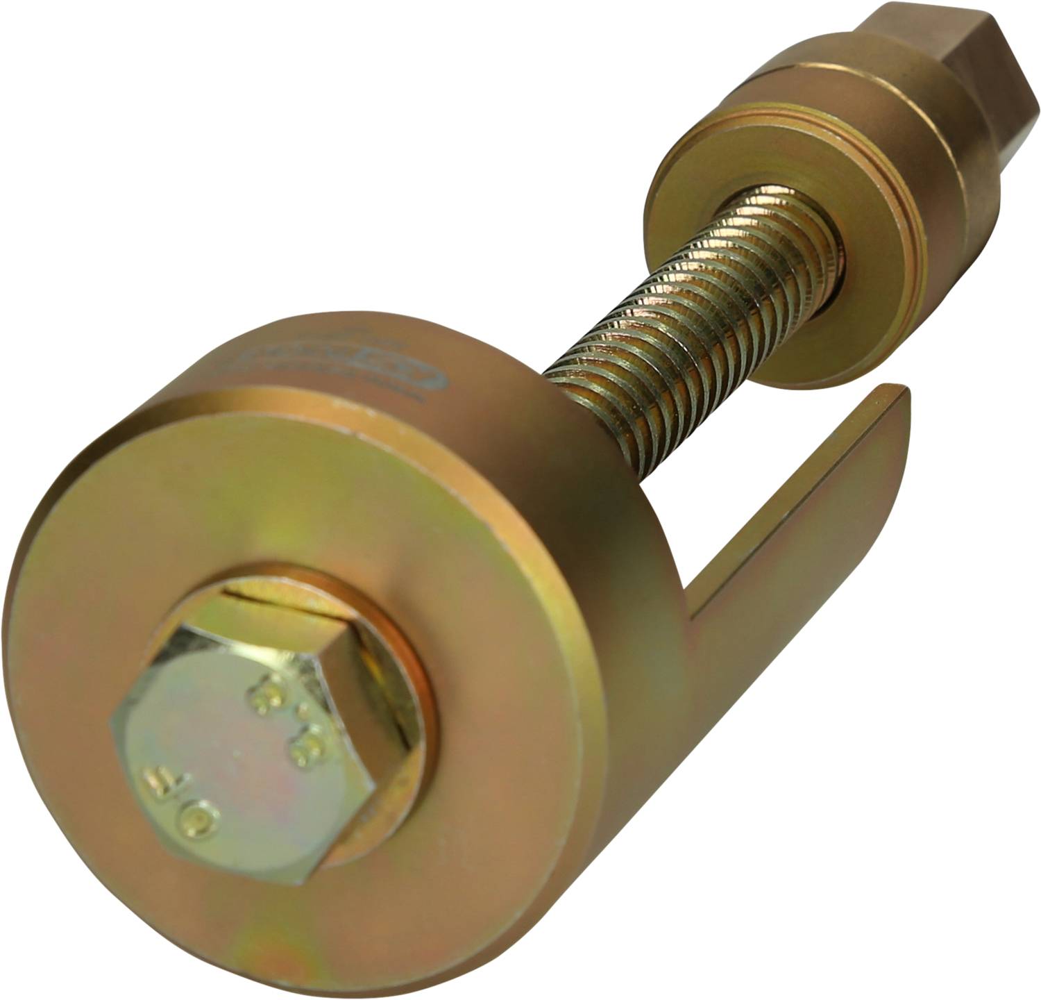 Eine goldfarbene Schraubklemme mit Schraube und Feder, die für Befestigungszwecke verwendet wird. Die Klemme ist seitlich offen.