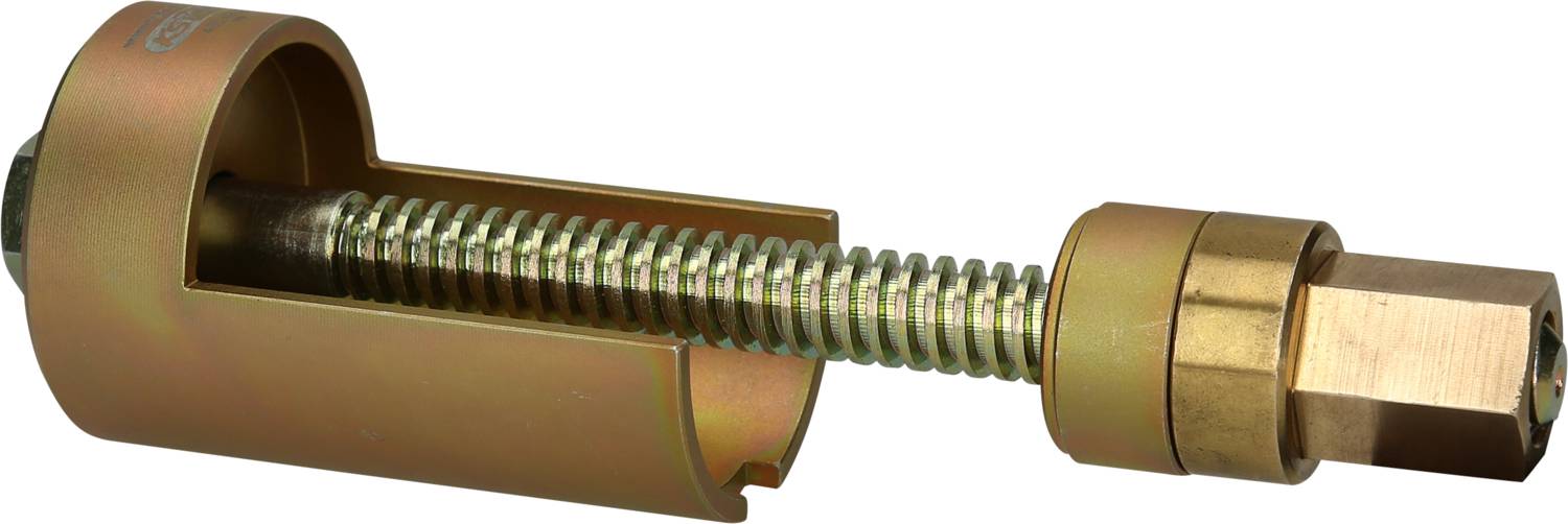 Ein Metallwerkzeug mit einem langen Gewinde und einer umgebenden Hülse, das zur Übertragung von Bewegung oder Kraft verwendet wird.