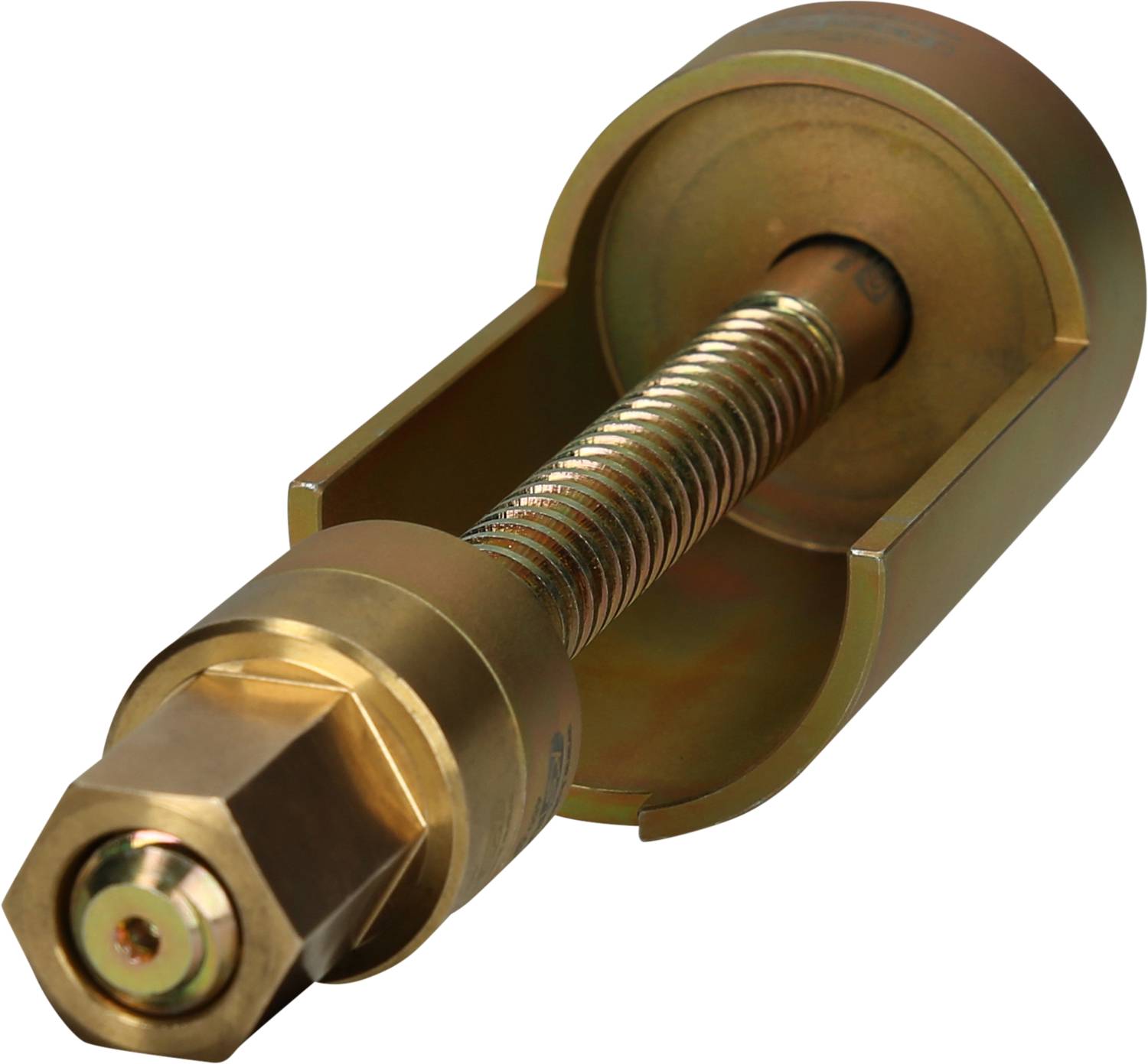 Metallischer Abzieher mit Gewindeschraube und hexagonalem Kopf, geeignet zum Entfernen fest sitzender Teile.