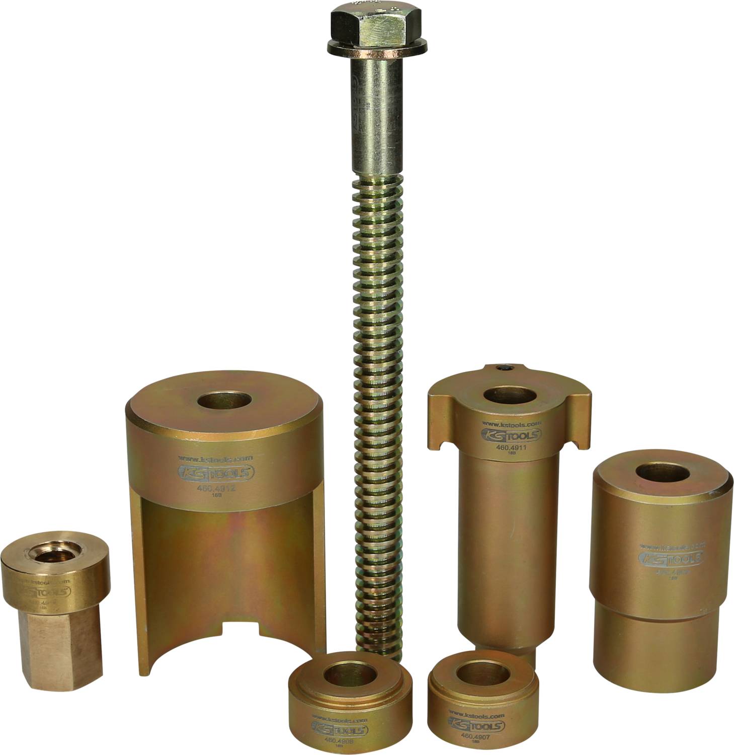 Mehrere metallene Werkzeuge eines Fahrzeugreparatursatzes stehen aufrecht. Schraube und Adapter in der Mitte, verschiedene Adapter drumherum.