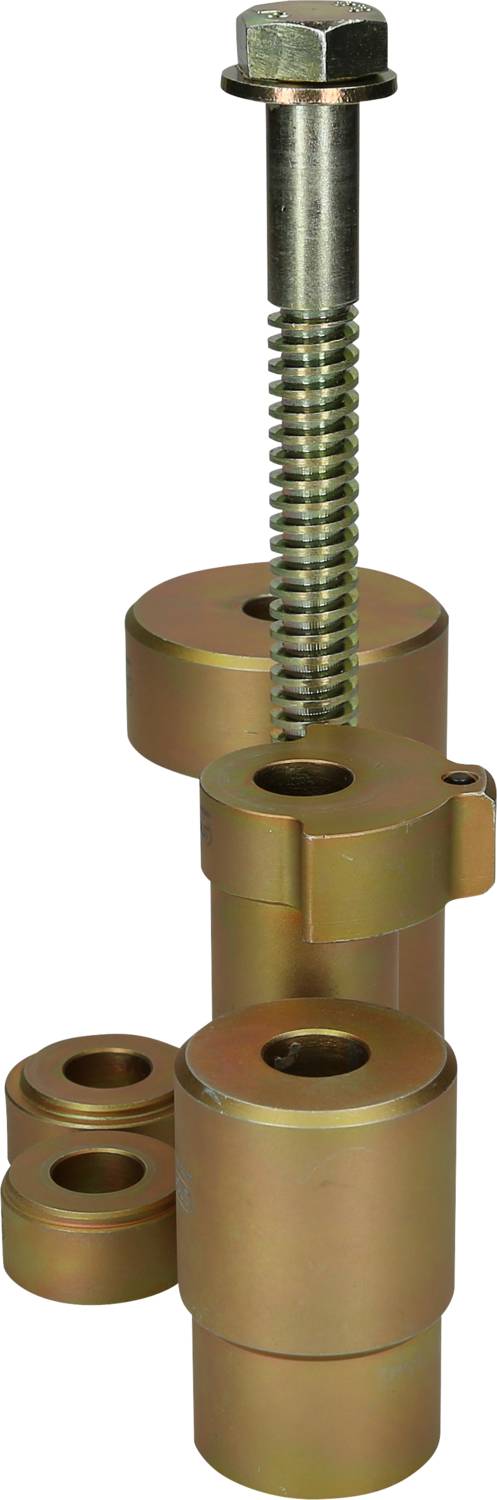 Metallischer Spannmechanismus mit Schraube und mehreren Zylindern, die vertikal angeordnet sind. Dient zur Befestigung oder Sicherung.