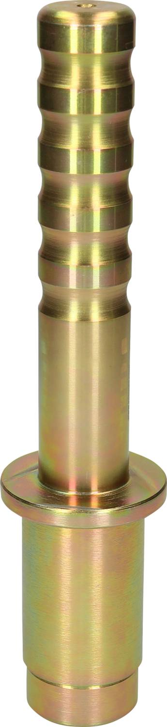 Ein metallisches, zylindrisches Maschinenteil mit mehreren Rillen und einem Kragen an der Basis, möglicherweise ein Verbindungselement.