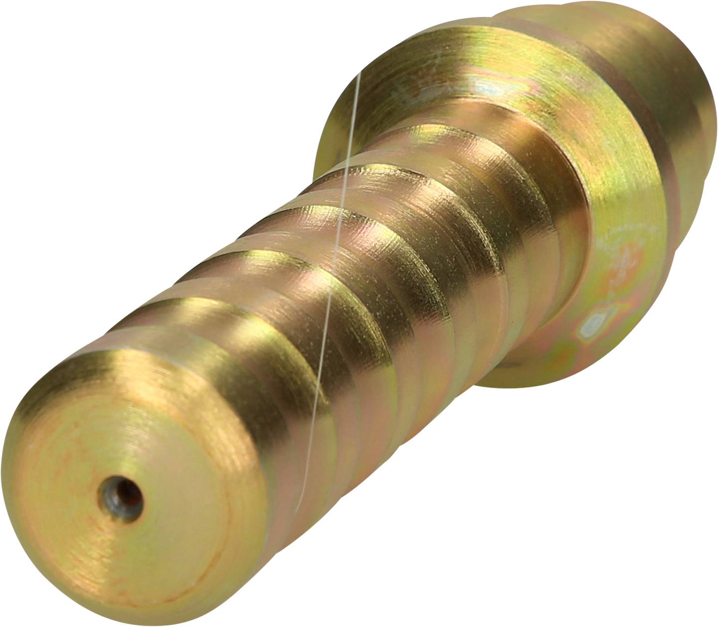 Ein metallischer, zylinderförmiger Gegenstand mit geriffelter Oberfläche und abgerundeten Enden.