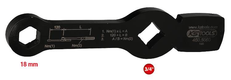 Schwarzer Drehmomentschlüssel, zeigt Maßanleitung auf der Oberfläche. Text: 'Nm(1)' zeigt Formel zur Berechnung des Drehmoments.
