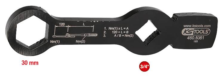 Ein schwarzer Doppelmaulschlüssel mit Beschriftung zur Berechnung von Nm-Werten. Markierungen: 30 mm und '3/4', Herstellermarke: KS Tools.