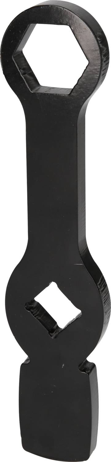 Ein schwarzer Metallschlüssel mit unterschiedlichen sechseckigen und quadratischen Öffnungen, um verschiedene Schrauben zu lösen.
