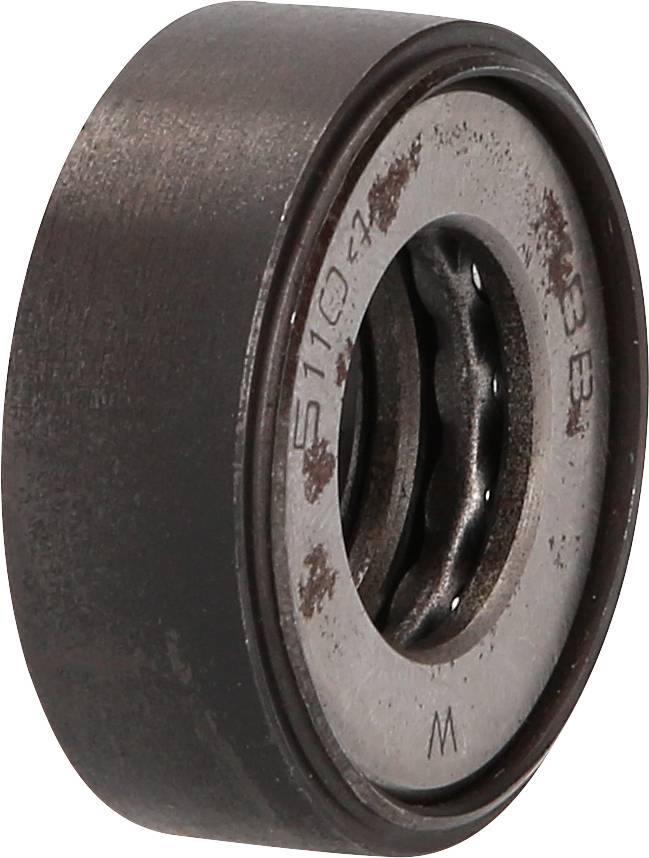 'Lager mit Metallkugeln, zylindrische Form, Seitenansicht. Zeigt Abnutzungsspuren auf der Oberfläche.'