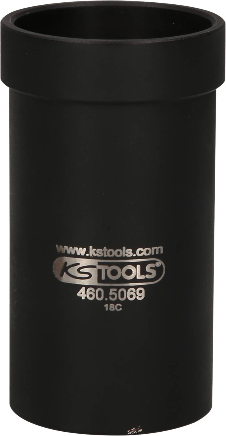 Schwarze Stecknuss mit der Aufschrift 'www.kstools.com KS TOOLS 460.5069 18C', zylindrische Form, mattes Finish.