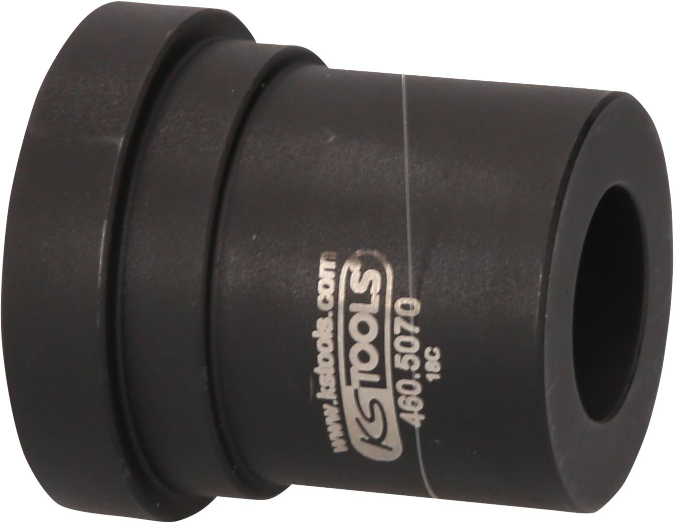 Ein schwarzes Werkzeug von KS Tools, zylindrisch geformt, mit der Modellnummer 460.5070, liegt auf einer isolierten weißen Fläche.