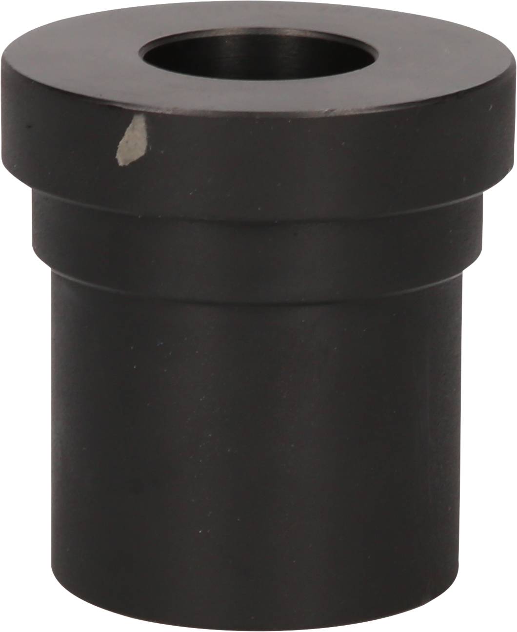 Schwarzes zylindrisches Objekt mit einem zentralen Loch, möglicherweise ein mechanisches Teil oder Adapter.