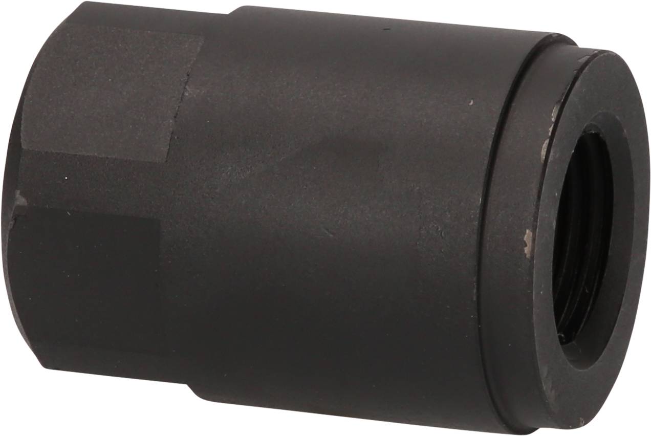 Schwarzer zylindrischer Adapter mit sechseckiger Basis, vermutlich ein Werkzeugaufsatz.