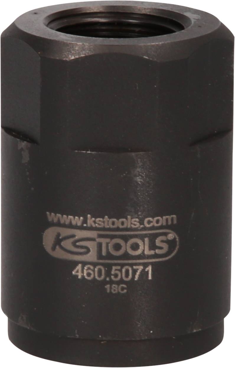 Eine schwarze Werkzeughülse mit Aufschrift 'www.kstools.com KS TOOLS 460.5071 18C'.