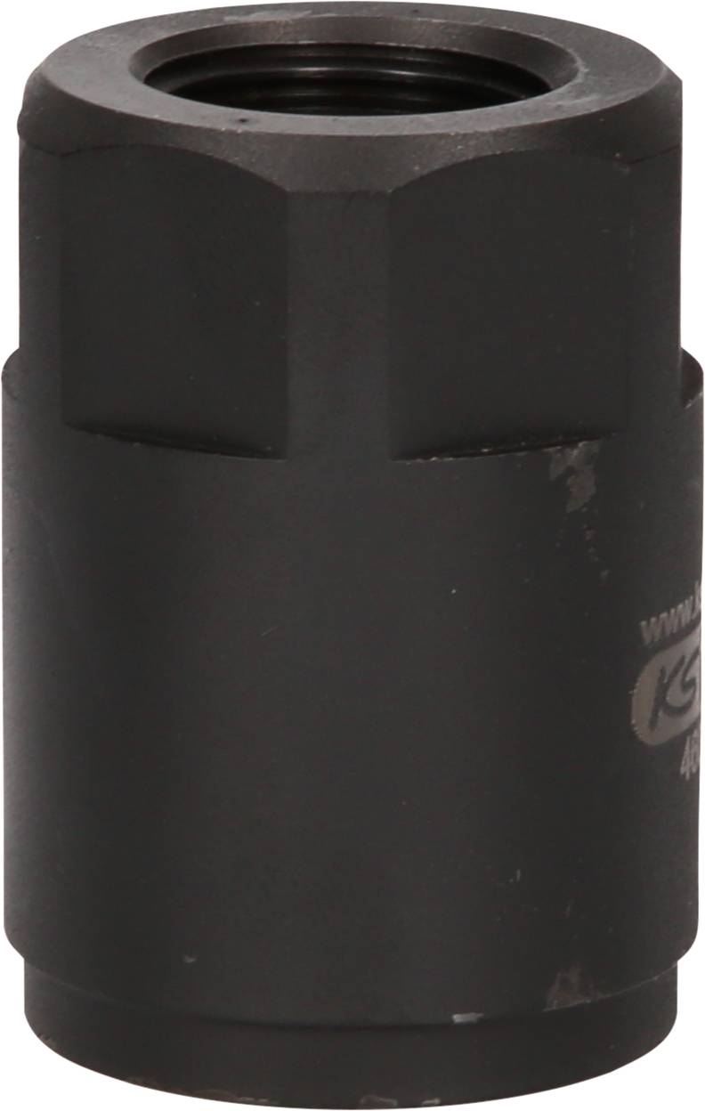 Eine schwarze, zylindrische Metallmutter mit sechseckigem Kopf, verwendet zur Sicherung von Bolzen oder Schrauben in mechanischen Anwendungen.