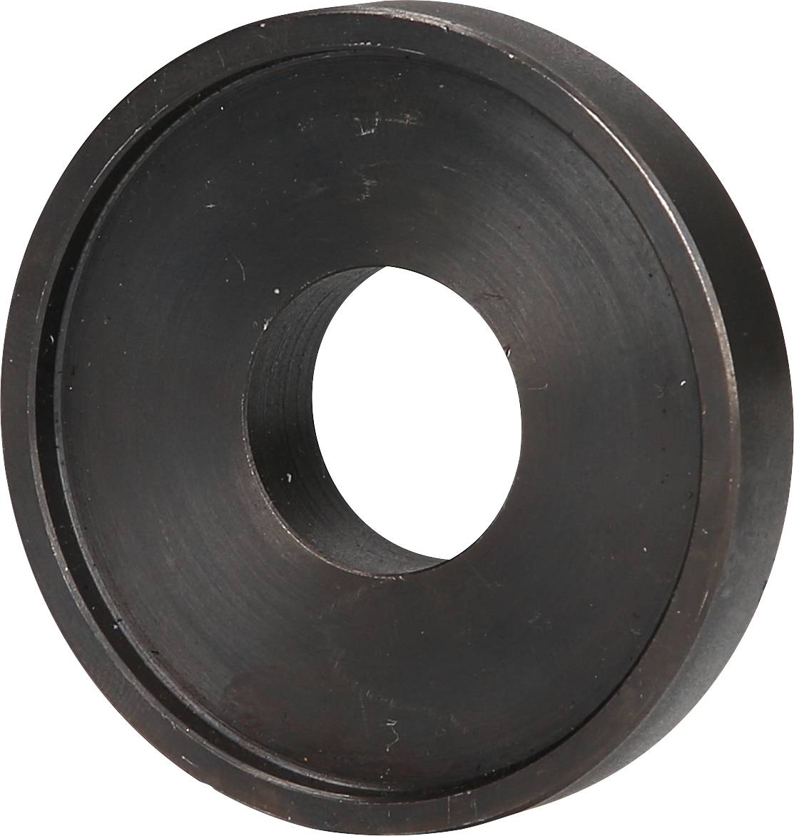 Schwarze Metallscheibe mit zentralem Loch, ähnlich einer Unterlegscheibe.