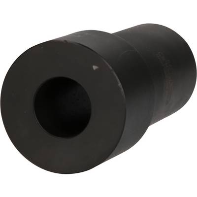 Ein schwarzer metallischer, zylindrischer Adapter mit einem großen, zentralen Loch, möglicherweise ein Maschinenteil oder Werkzeugaufsatz.