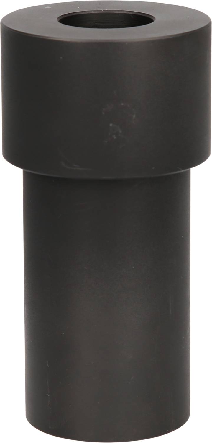 Ein zylindrisches, schwarzes Metallteil mit einem Loch oben, das möglicherweise als Rohrverbinder verwendet wird.