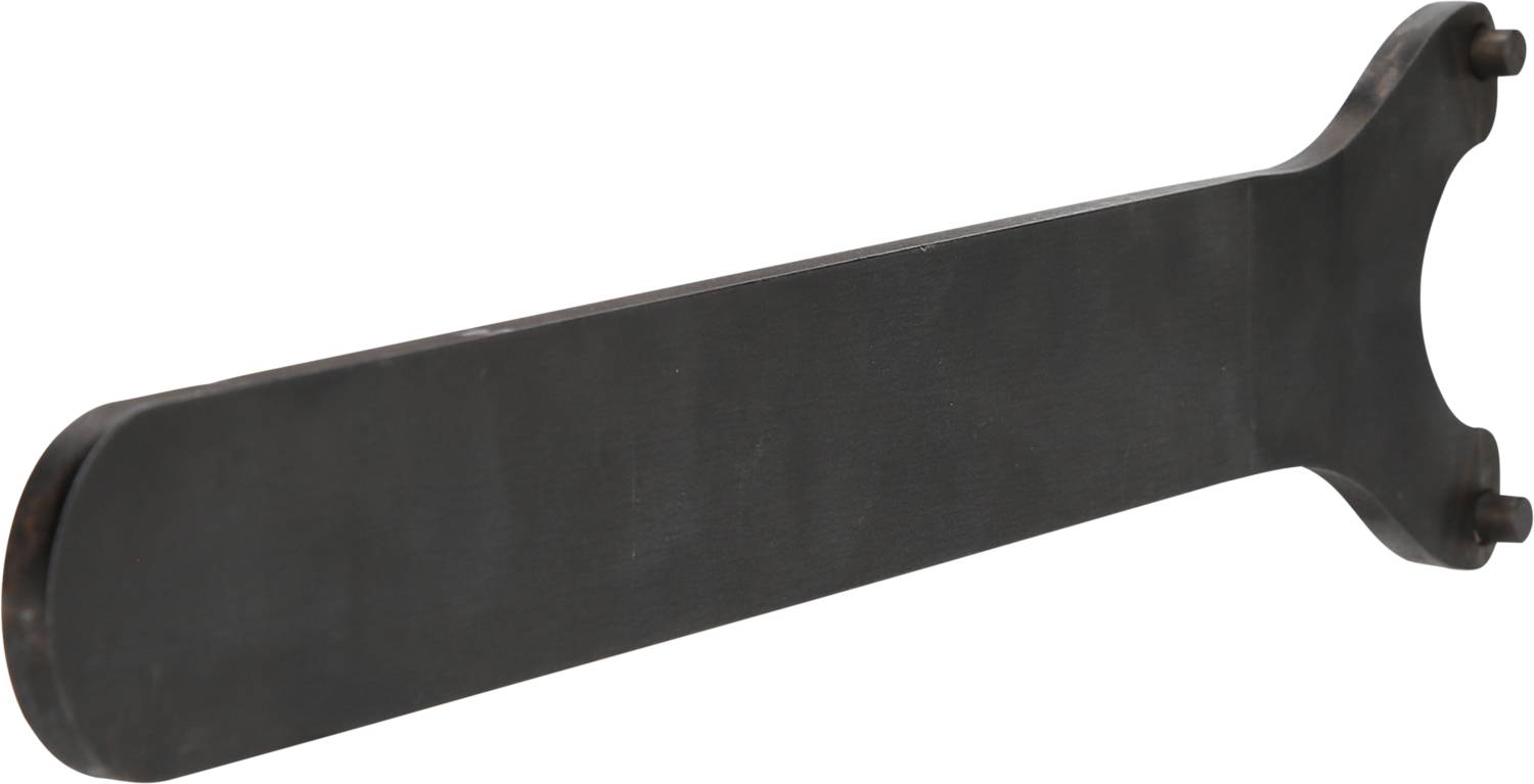 Schwarzer, flacher Metallschlüssel mit zwei Bolzen an einem Ende, verwendet zur Wartung oder Anpassung mechanischer Geräte.