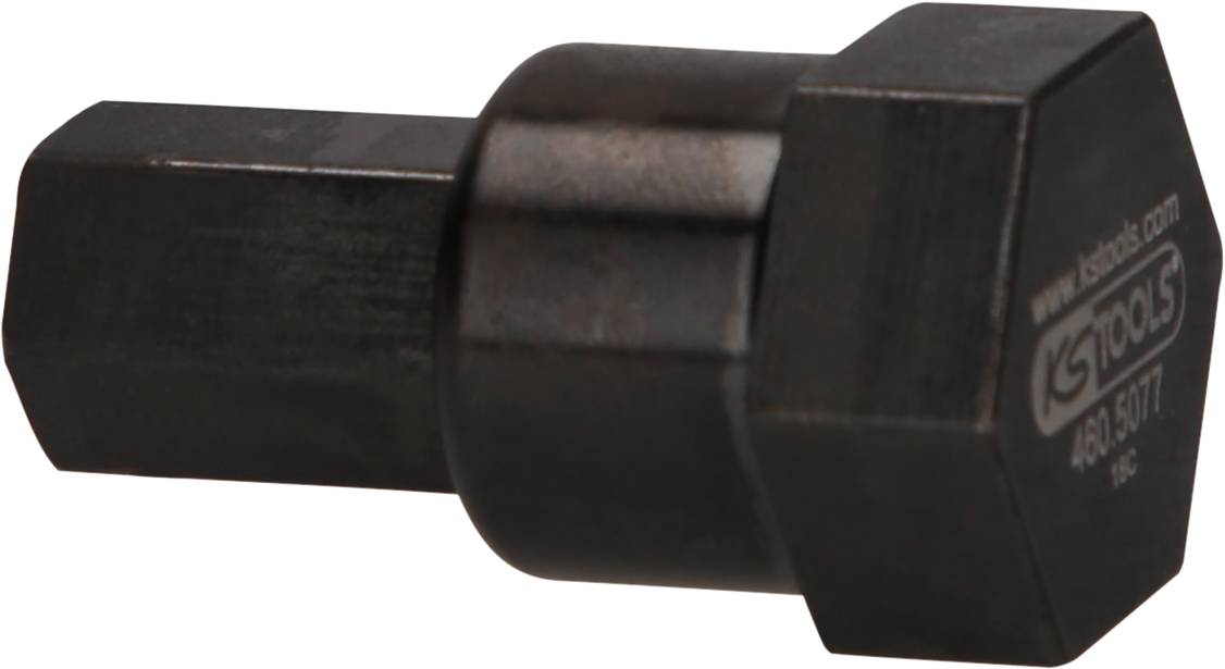 Schwarzes, sechseckiges Werkzeugstück mit einem quadratischen Schaft, vermutlich ein Schlüssel oder Adapter für mechanische Anwendungen.