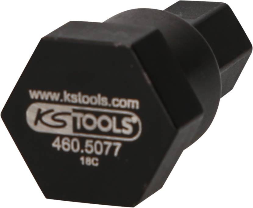 Ein schwarzes Werkzeug-Aufsatz mit sechseckiger Form und der Aufschrift 'www.kstools.com, 460.5077'.
