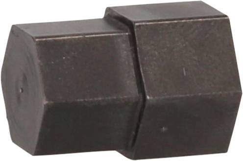 Ein sechseckiger Metallverbinder mit zwei Teilen, die durch eine schmale Naht getrennt sind. Verwendet zur Verbindung von mechanischen Bauteilen.