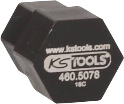 Ein sechseckiger, schwarzer Adapter mit der Aufschrift 'www.kstools.com', 'KS TOOLS', '460.5078', '18C'.