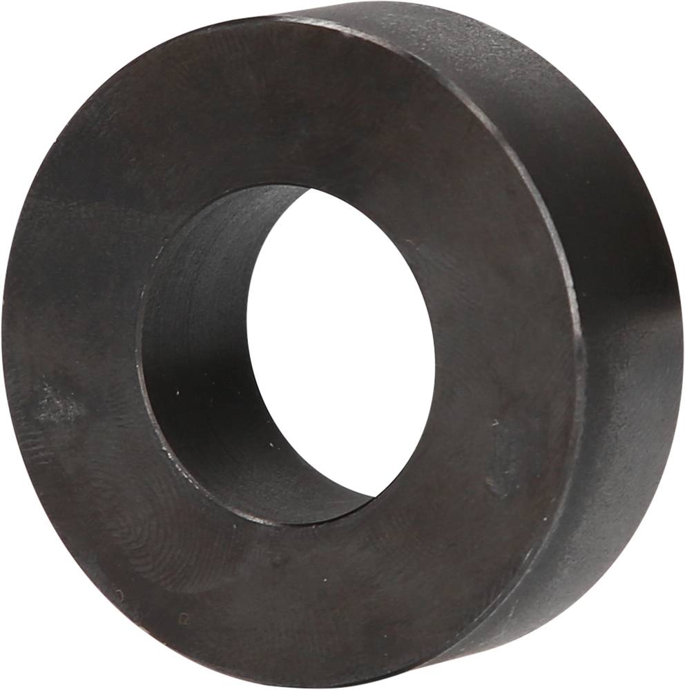 Ein runder, schwarzer Ringmagnet mit einem Loch in der Mitte, aufrecht stehend.