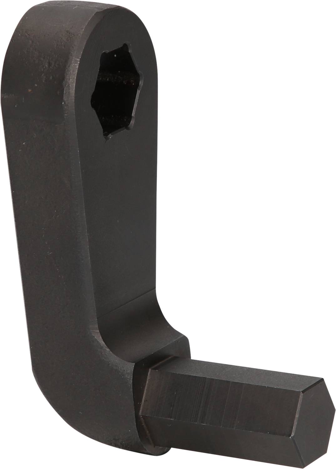 Schwarzer Metall-Schraubenschlüssel mit sechseckigem Loch und rechteckigem Griff, für das Anziehen oder Lösen von Schrauben.