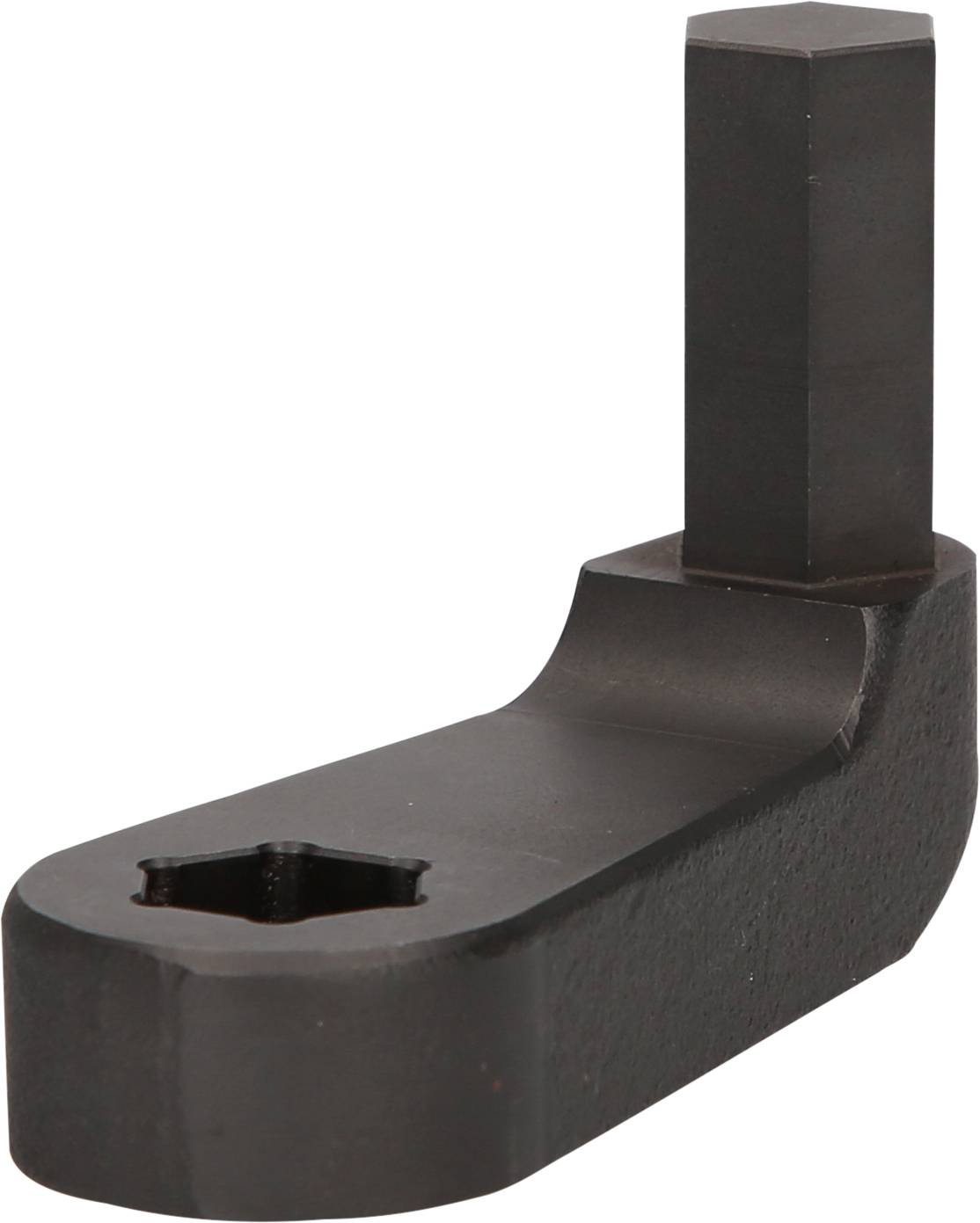 Metallisches Werkzeug mit einem Haken und einem quadratischen Stift. Wird möglicherweise zur Befestigung oder als Stütze verwendet.