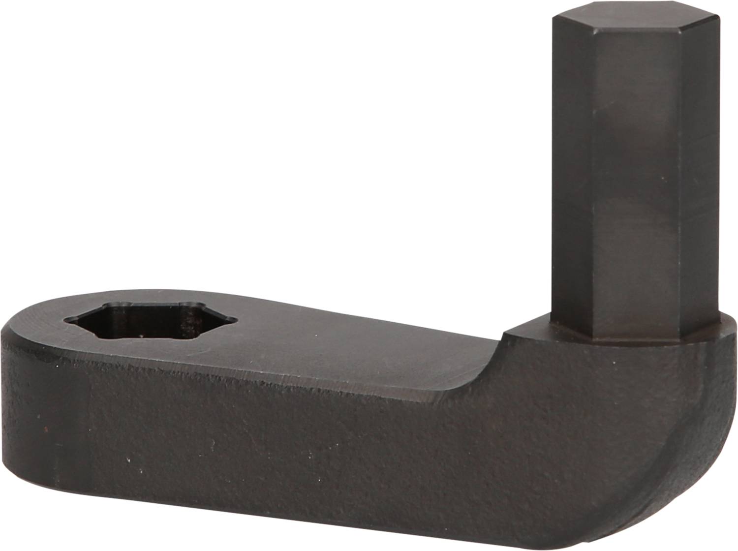 Ein schwarzer Metalladapter mit sechseckigem Anschluss, möglicherweise für mechanische oder technische Verbindungen verwendet.