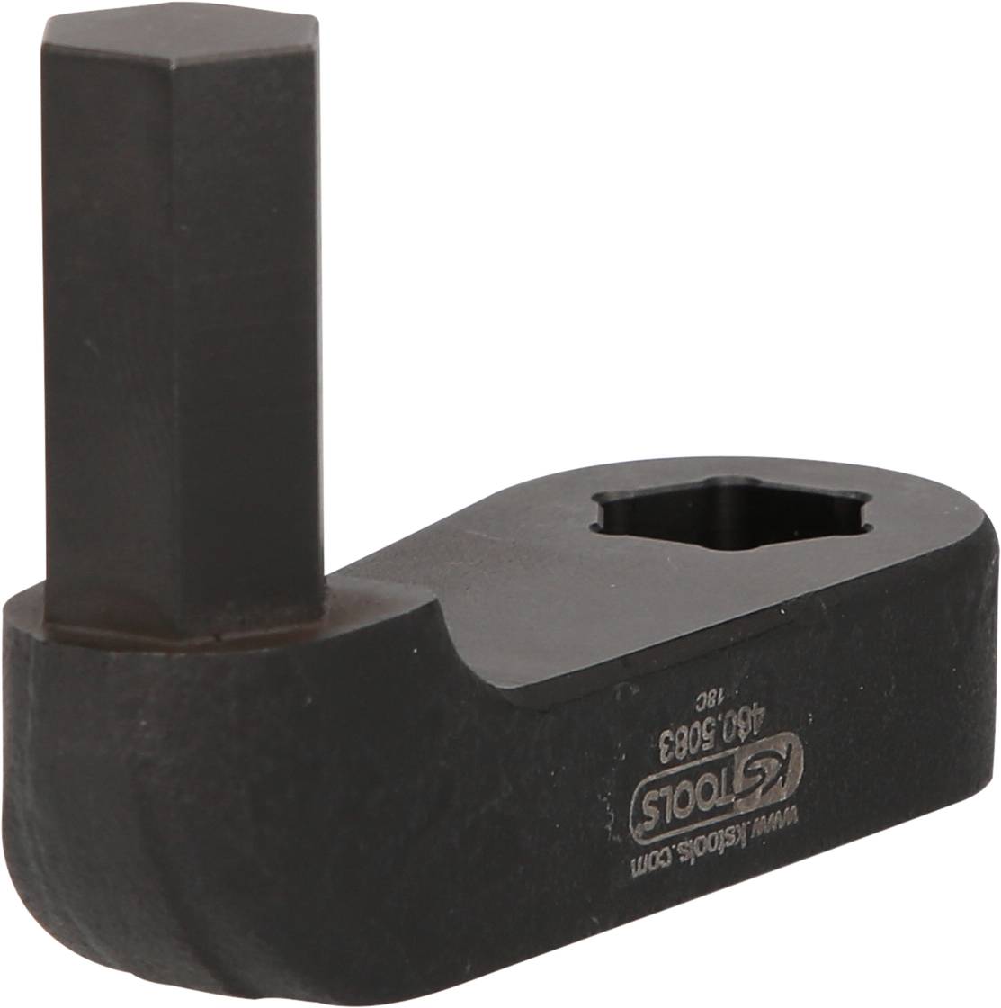 Ein schwarzes Metallwerkzeug mit sechseckigem Kopf und quadratischer Basis, geeignet für schwere mechanische Aufgaben.