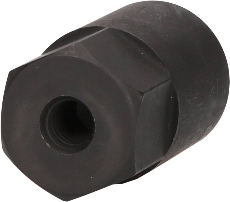 Schwarzes Metallteil mit sechseckiger Kopf und zylindrischem Körper, möglicherweise ein mechanisches Bauteil oder Adapter.