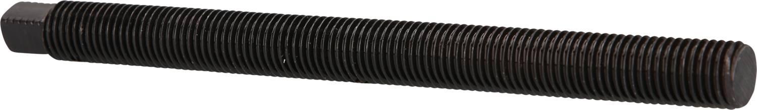Ein langer, schwarzer Gewindebolzen liegt horizontal. Er hat ein durchgehendes Gewinde und ist an einem Ende abgeflacht.