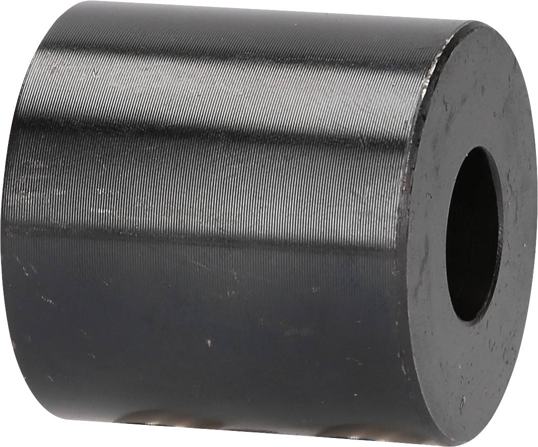 Zylindrisches Metallstück mit hohlem Zentrum, schwarzes, geriffeltes Äußeres, aufrecht stehend.