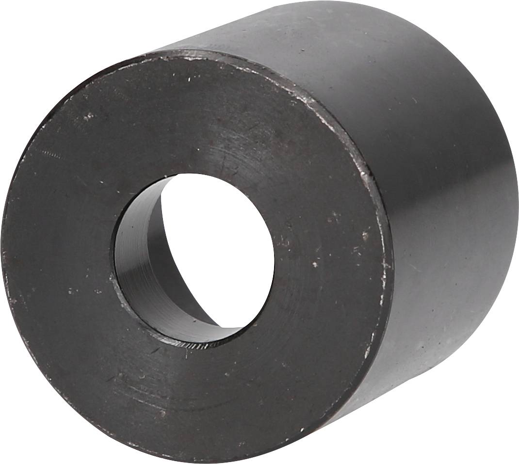 Zylindrisches Metallteil mit zentralem Loch, glatt polierte schwarze Oberfläche, möglicherweise technisch oder maschinell genutzt.