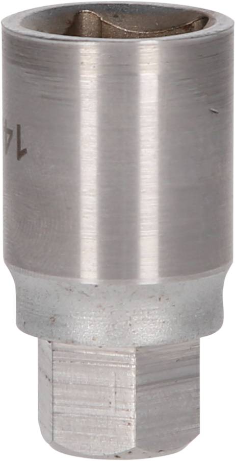Ein silberfarbener Steckschlüsseleinsatz mit geprägter Größe "14", aus Metall, zylindrische Form, vor weißem Hintergrund.