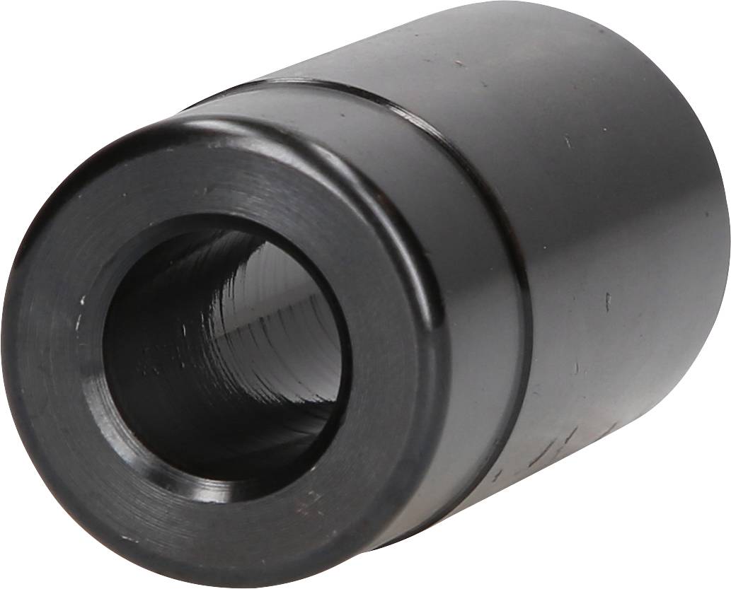 Das Bild zeigt eine schwarze Metallbuchse mit zylindrischer Form und einem Hohlraum in der Mitte.