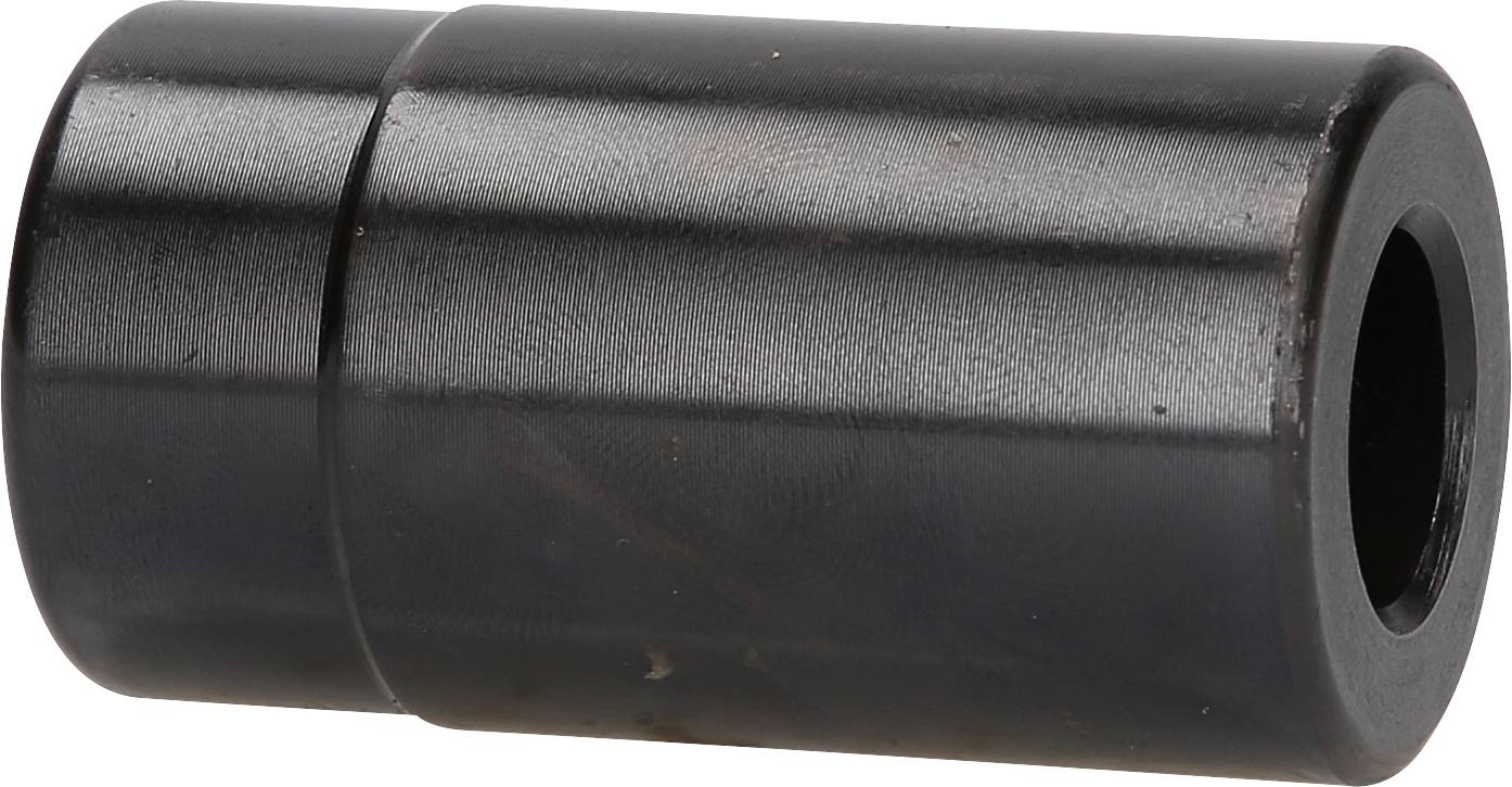 Ein schwarzer, zylindrischer Metalladapter mit einem glatten Finish, der aufrecht steht. Eignet sich zur Verbindung von Rohren oder Stangen.